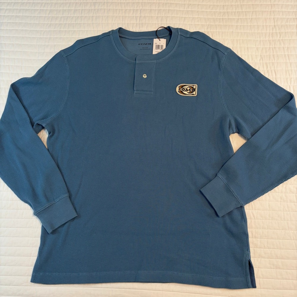 Coach Blue Thermal Waffle Knit Coach Logo Long Sleeve Henley Mens Medium NWT